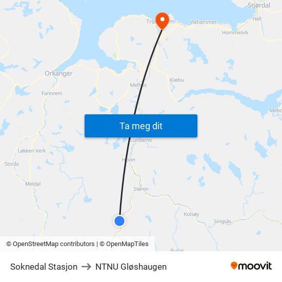 Soknedal Stasjon to NTNU Gløshaugen map