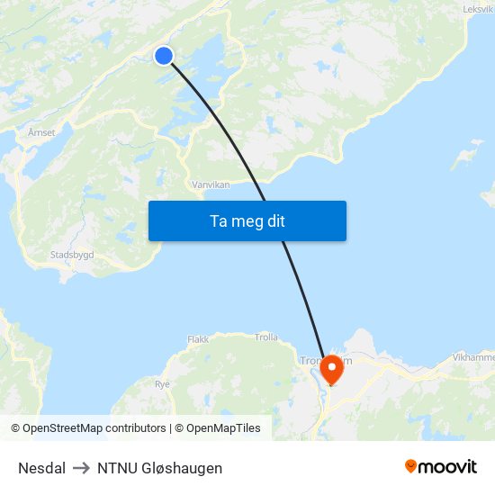 Nesdal to NTNU Gløshaugen map