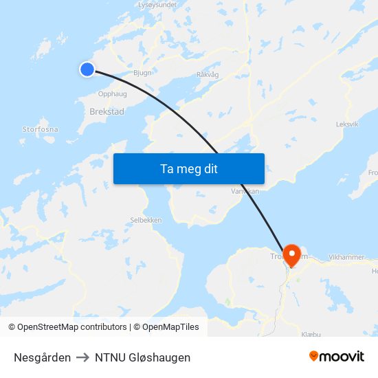 Nesgården to NTNU Gløshaugen map