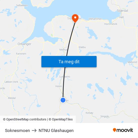 Soknesmoen to NTNU Gløshaugen map