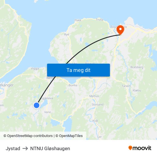 Jystad to NTNU Gløshaugen map