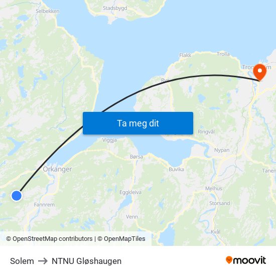 Solem to NTNU Gløshaugen map
