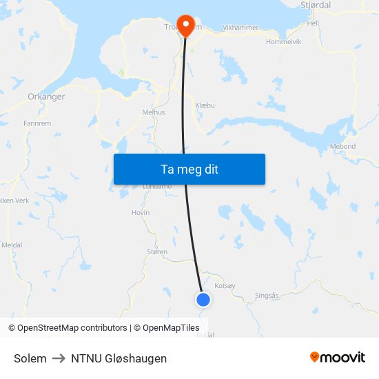 Solem to NTNU Gløshaugen map