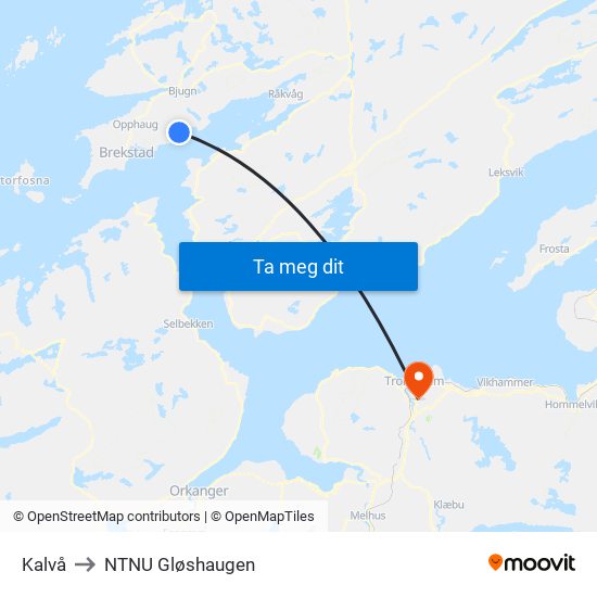 Kalvå to NTNU Gløshaugen map