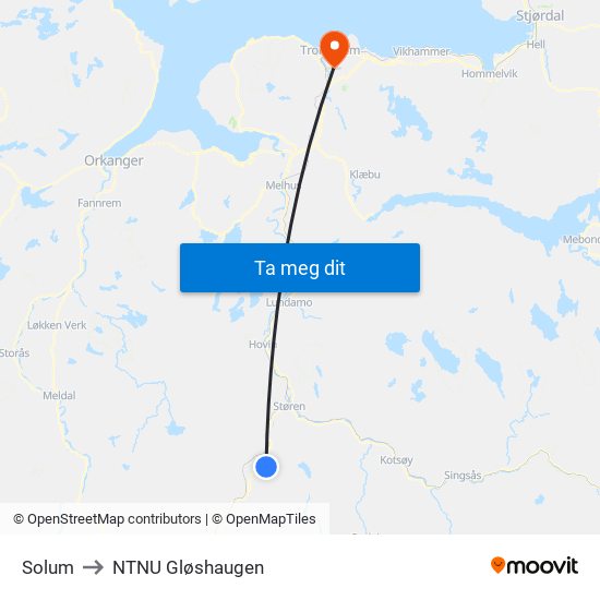 Solum to NTNU Gløshaugen map