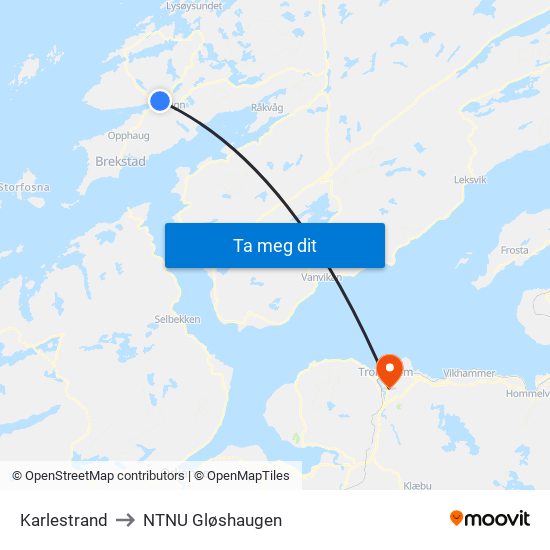 Karlestrand to NTNU Gløshaugen map