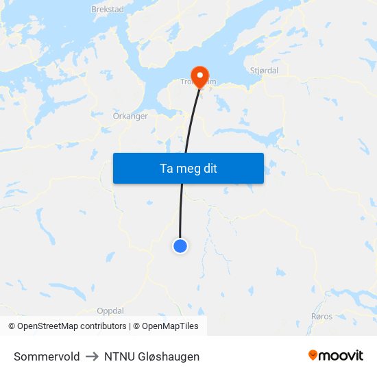 Sommervold to NTNU Gløshaugen map