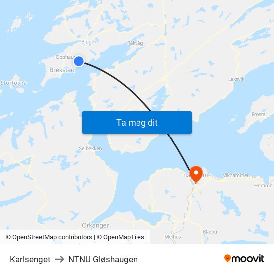 Karlsenget to NTNU Gløshaugen map