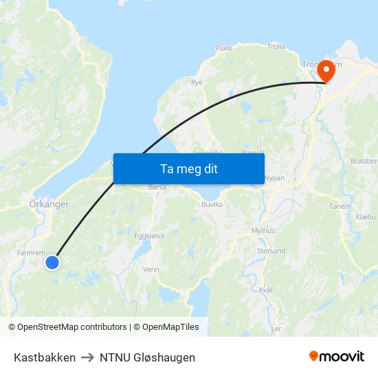 Kastbakken to NTNU Gløshaugen map