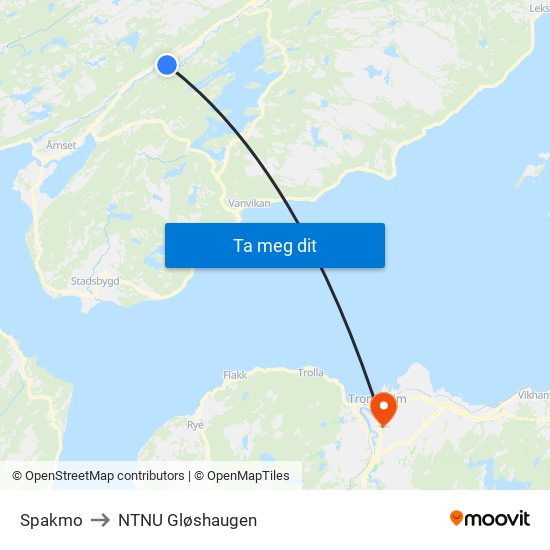 Spakmo to NTNU Gløshaugen map