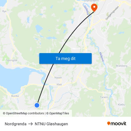 Nordgrenda to NTNU Gløshaugen map