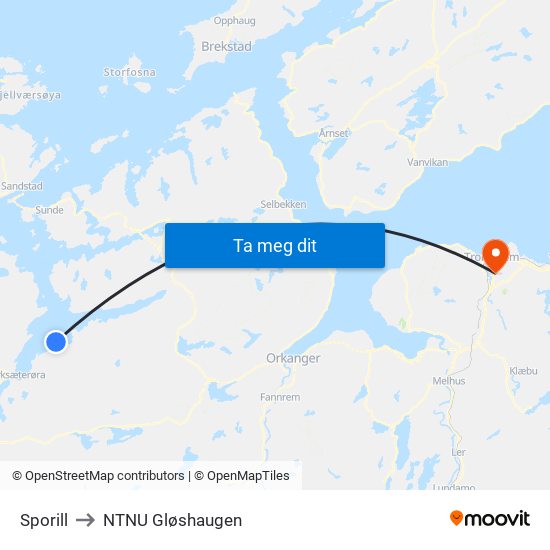 Sporill to NTNU Gløshaugen map