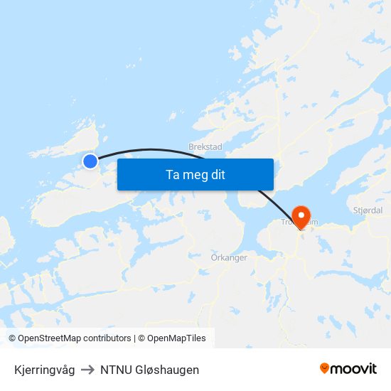 Kjerringvåg to NTNU Gløshaugen map