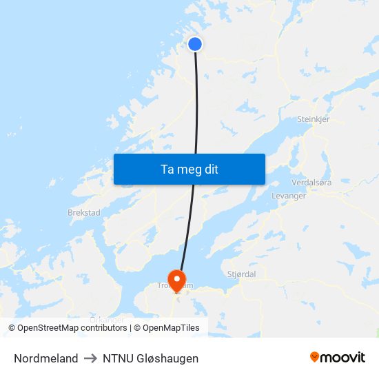 Nordmeland to NTNU Gløshaugen map