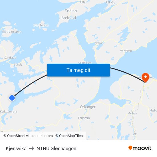 Kjønsvika to NTNU Gløshaugen map