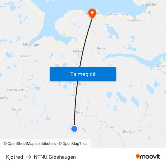Kjøtrød to NTNU Gløshaugen map