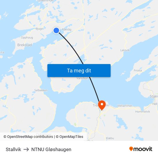 Stallvik to NTNU Gløshaugen map