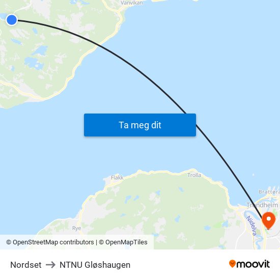 Nordset to NTNU Gløshaugen map