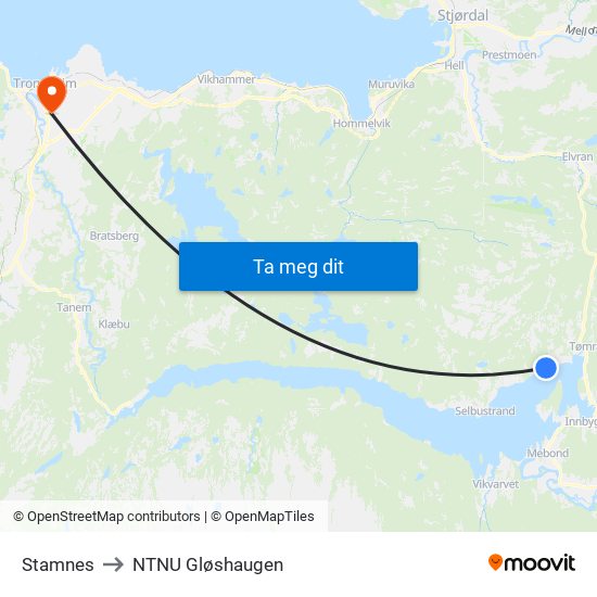 Stamnes to NTNU Gløshaugen map