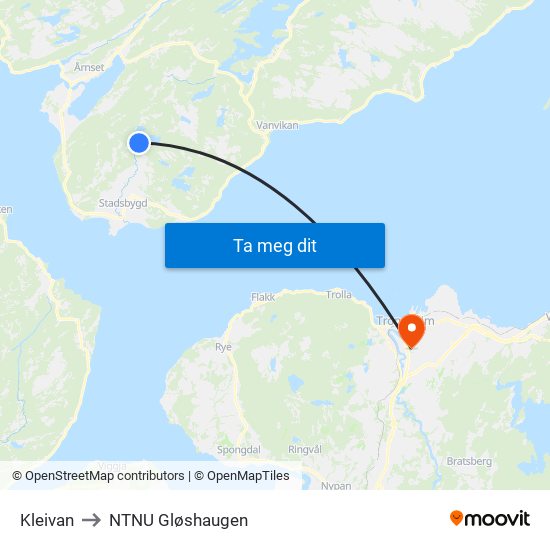 Kleivan to NTNU Gløshaugen map