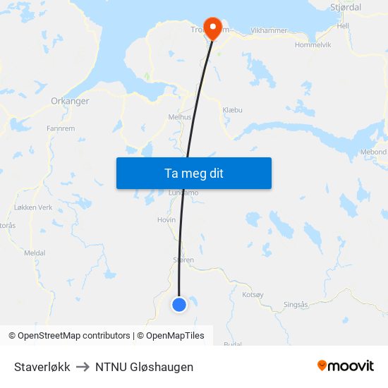 Staverløkk to NTNU Gløshaugen map