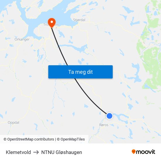 Klemetvold to NTNU Gløshaugen map