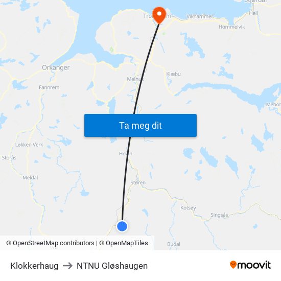 Klokkerhaug to NTNU Gløshaugen map