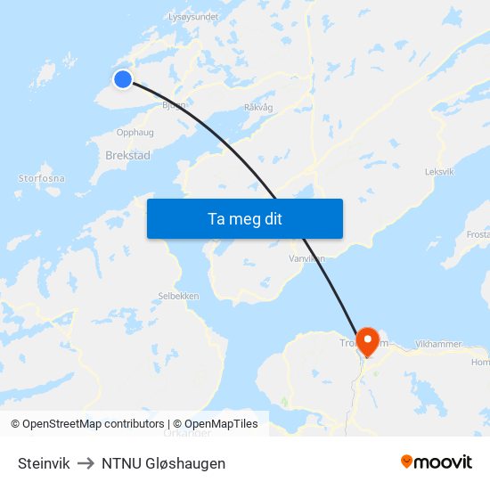 Steinvik to NTNU Gløshaugen map