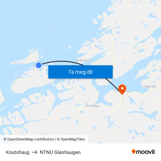 Knutshaug to NTNU Gløshaugen map