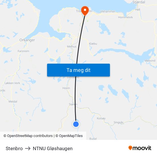 Stenbro to NTNU Gløshaugen map