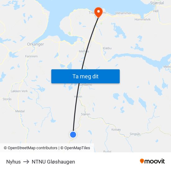 Nyhus to NTNU Gløshaugen map
