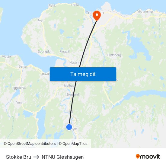 Stokke Bru to NTNU Gløshaugen map