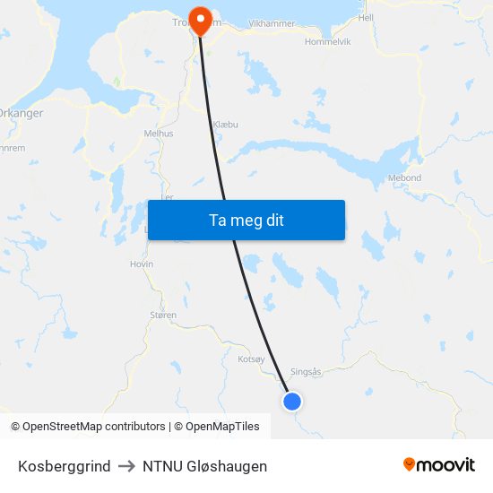 Kosberggrind to NTNU Gløshaugen map