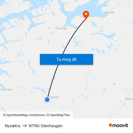 Nysætra to NTNU Gløshaugen map