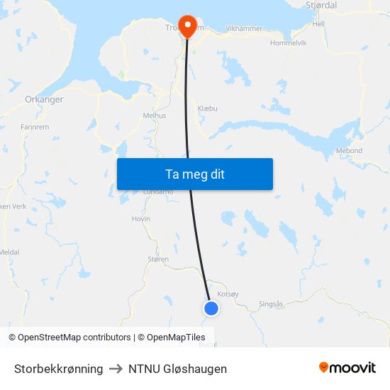 Storbekkrønning to NTNU Gløshaugen map