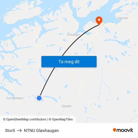 Storli to NTNU Gløshaugen map