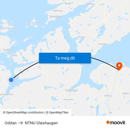 Oddan to NTNU Gløshaugen map