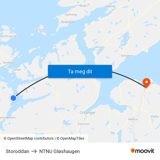 Storoddan to NTNU Gløshaugen map