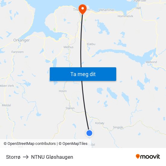 Storrø to NTNU Gløshaugen map