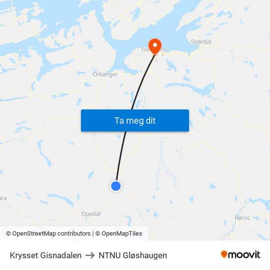 Krysset Gisnadalen to NTNU Gløshaugen map