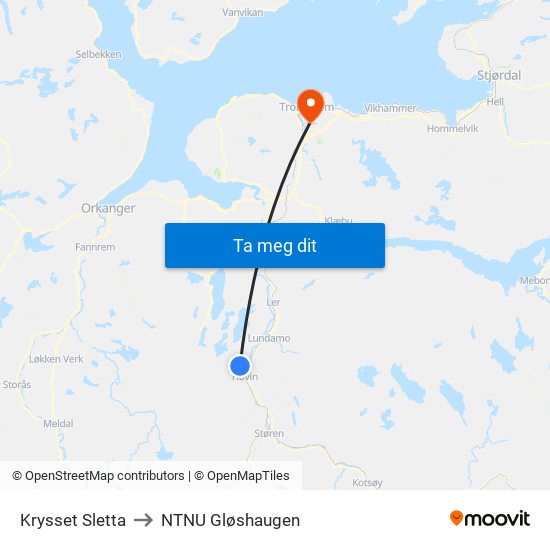 Krysset Sletta to NTNU Gløshaugen map