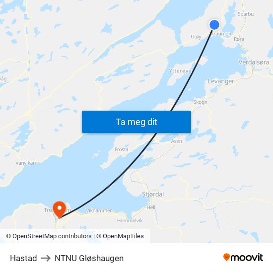 Hastad to NTNU Gløshaugen map