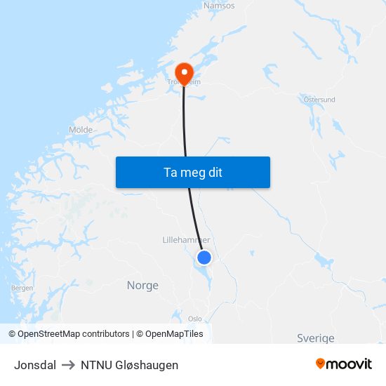 Jonsdal to NTNU Gløshaugen map