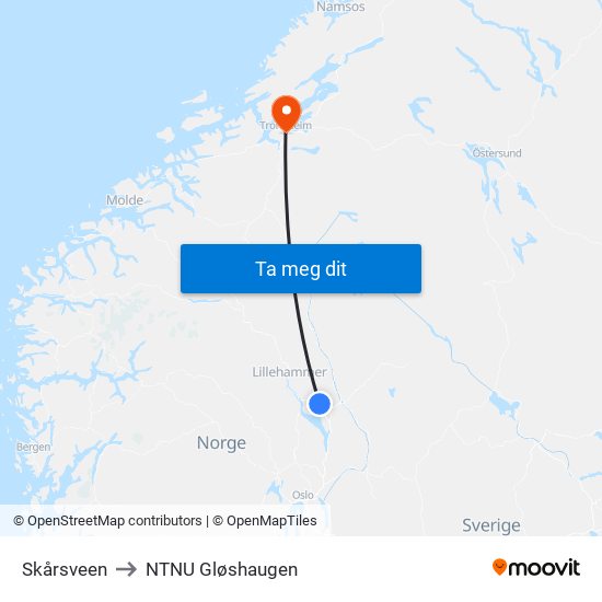Skårsveen to NTNU Gløshaugen map