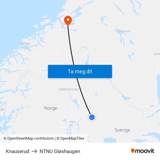 Knauserud to NTNU Gløshaugen map