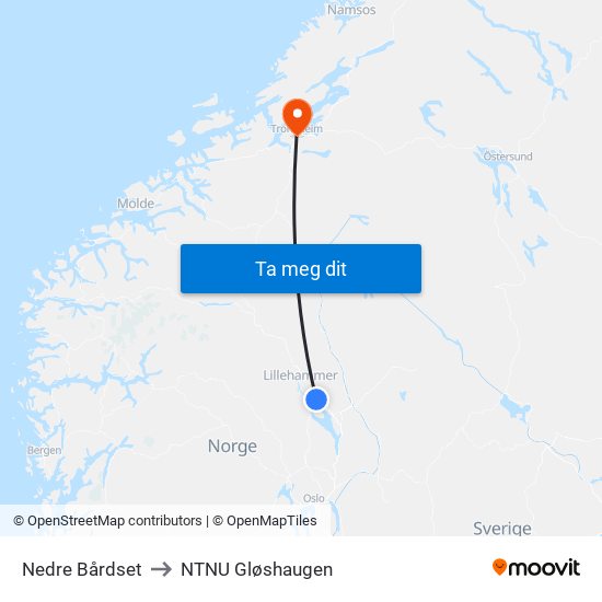 Nedre Bårdset to NTNU Gløshaugen map