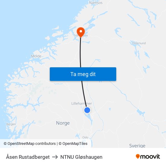 Åsen Rustadberget to NTNU Gløshaugen map