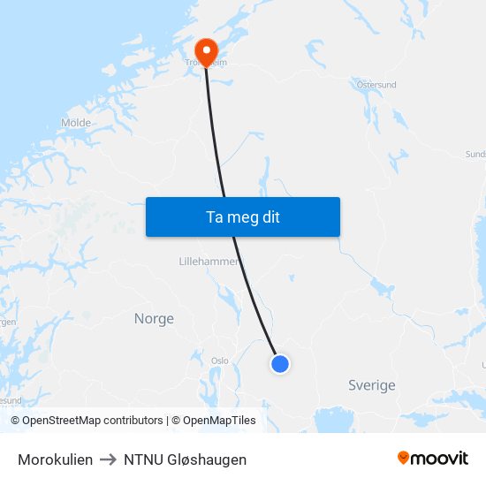 Morokulien to NTNU Gløshaugen map