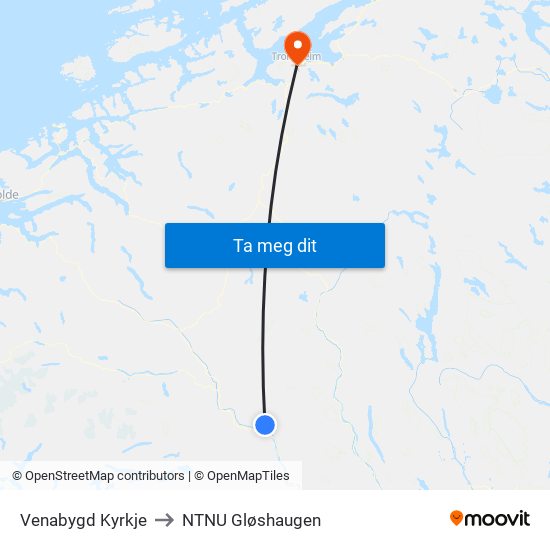 Venabygd Kyrkje to NTNU Gløshaugen map