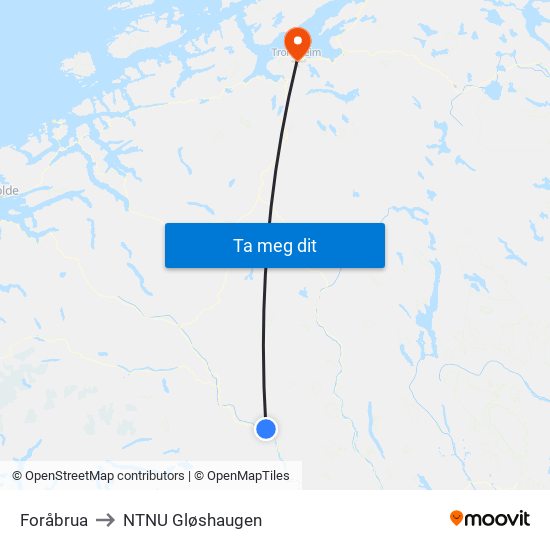 Foråbrua to NTNU Gløshaugen map